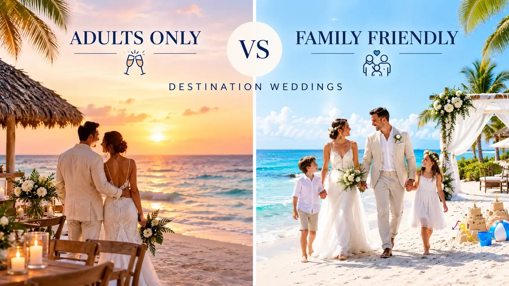 Split view of an adults-only infinity pool beside a family pool with kids playing, illustrating adults-only versus family-friendly destination wedding resorts