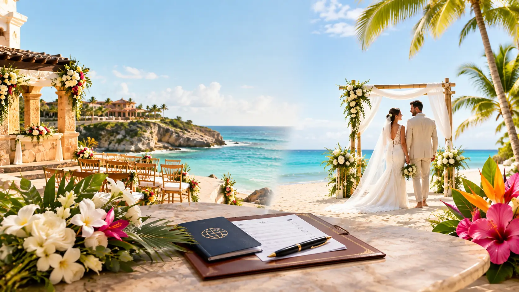 Couple reviewing marriage documents and passports with a tropical resort in the background, Mexico vs Dominican Republic destination wedding legal requirements guide