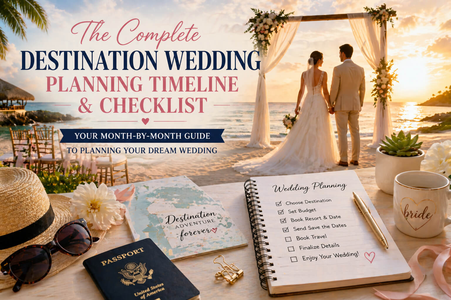 Destination wedding planning timeline checklist with bride and groom preparing for a beach wedding