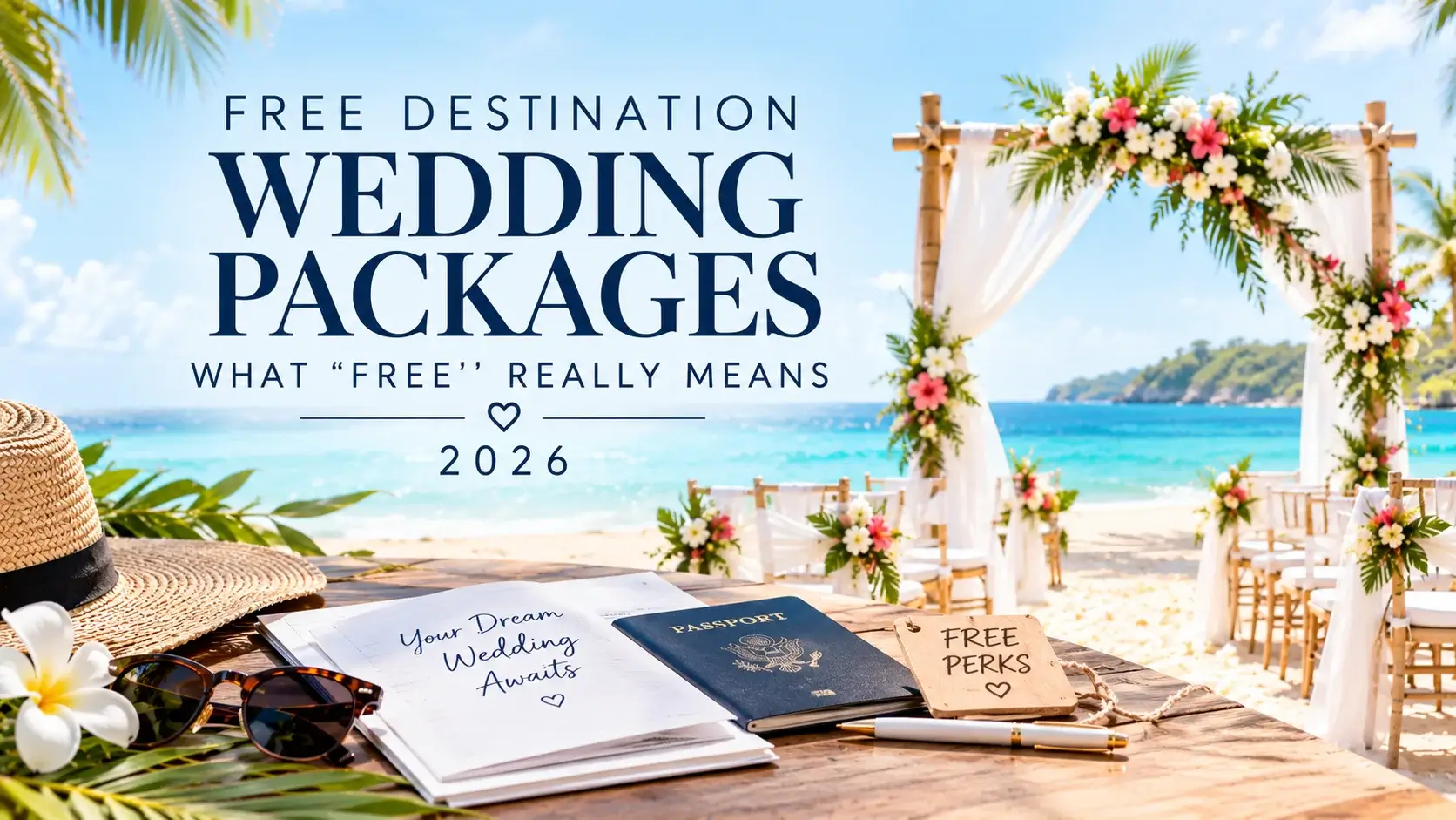 Couple on a beach at sunset beside a resort wedding arch, with a gift tag reading free wedding package