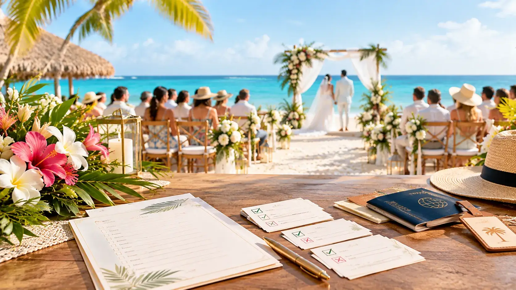 Couple reviewing an RSVP tracking spreadsheet with a tropical all-inclusive resort in the background, destination wedding guest count and attendance rate guide