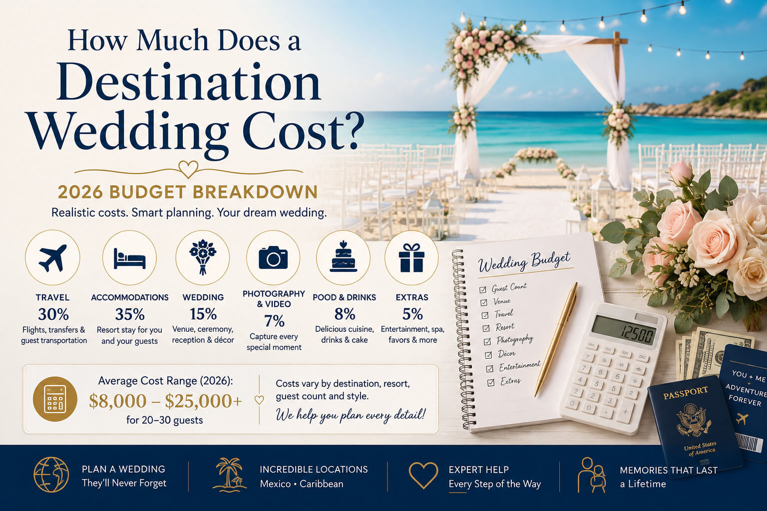 Couple reviewing a wedding budget spreadsheet with a tropical all-inclusive resort in the background, 2026 destination wedding cost breakdown guide