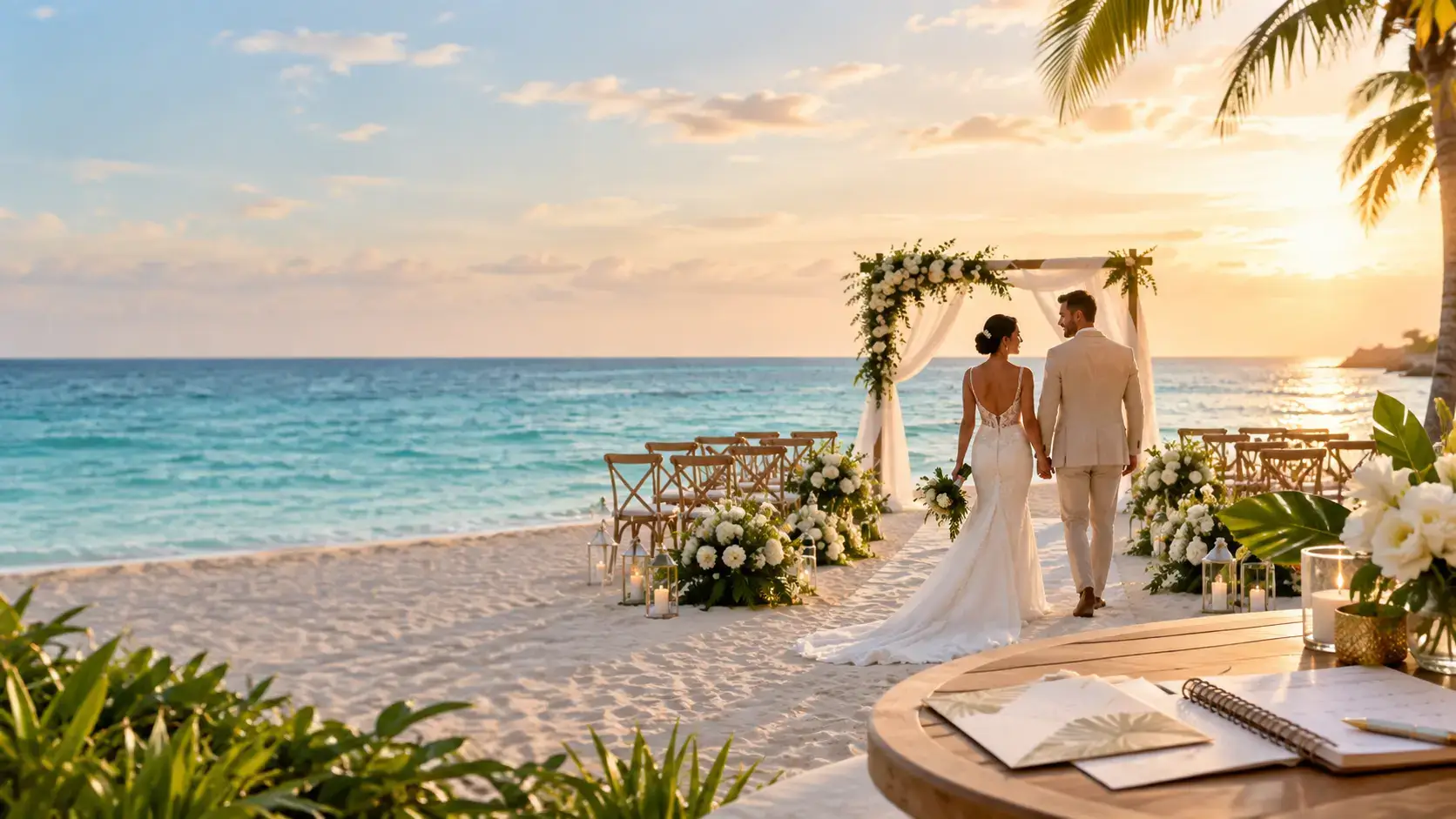 Couple planning a destination wedding timeline with a calendar and laptop, tropical resort in the background, 2026 complete planning guide