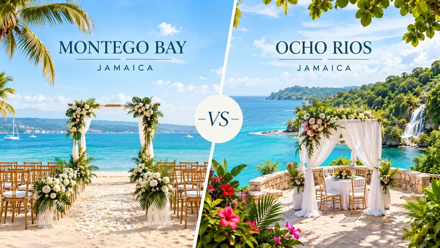Split image of Rose Hall Great House in Montego Bay and Dunn's River Falls in Ocho Rios, Jamaica wedding destination comparison guide