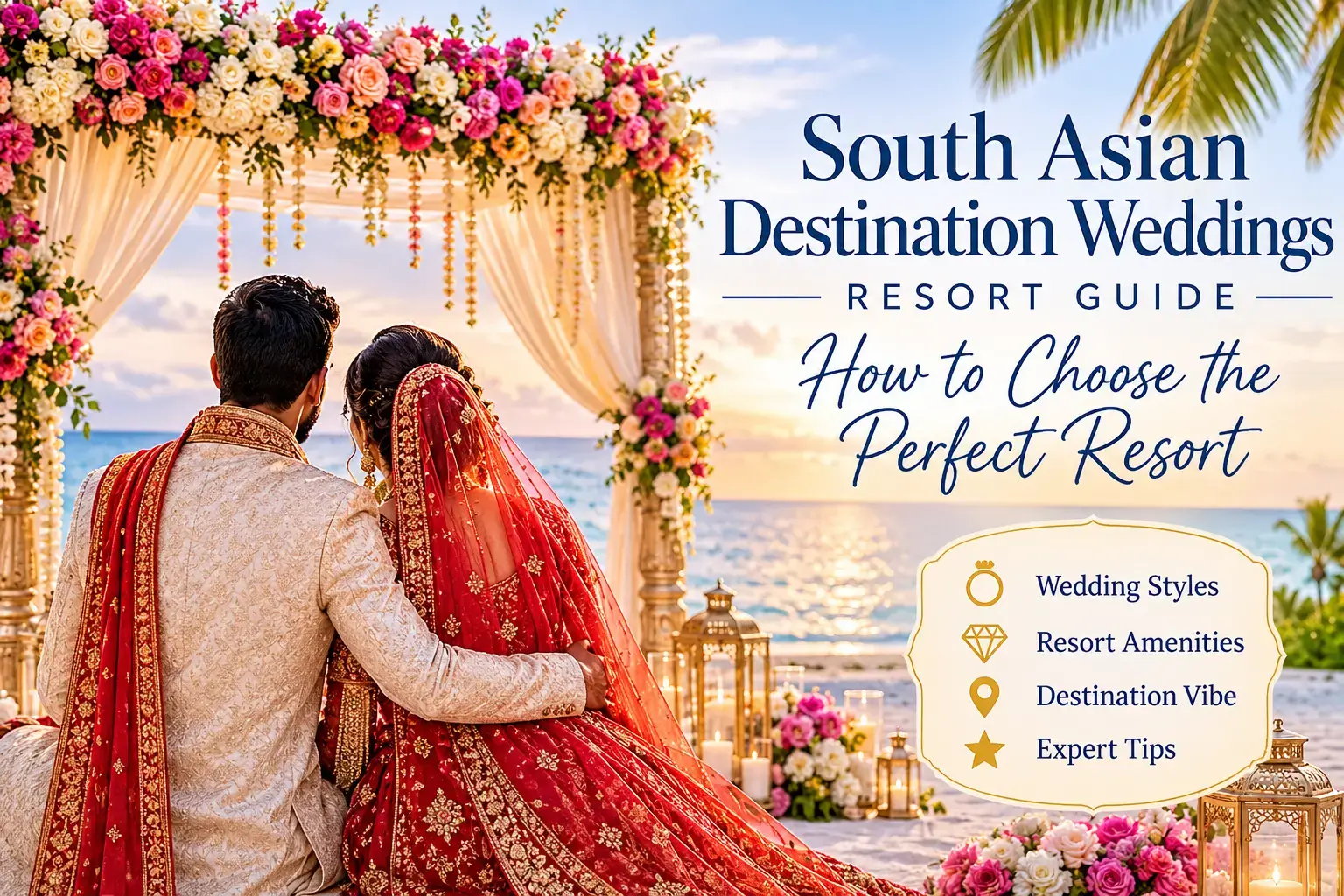 Indian wedding mandap with marigold flowers set up on a Caribbean beach at sunset