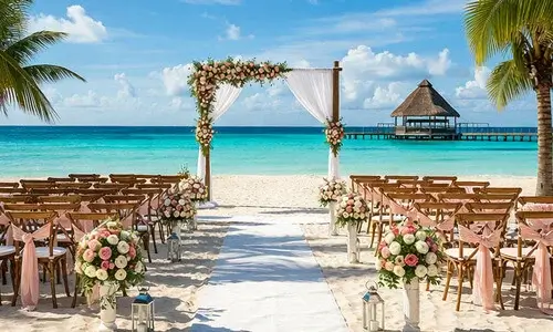 Beachfront wedding ceremony at a Riviera Maya resort in Mexico